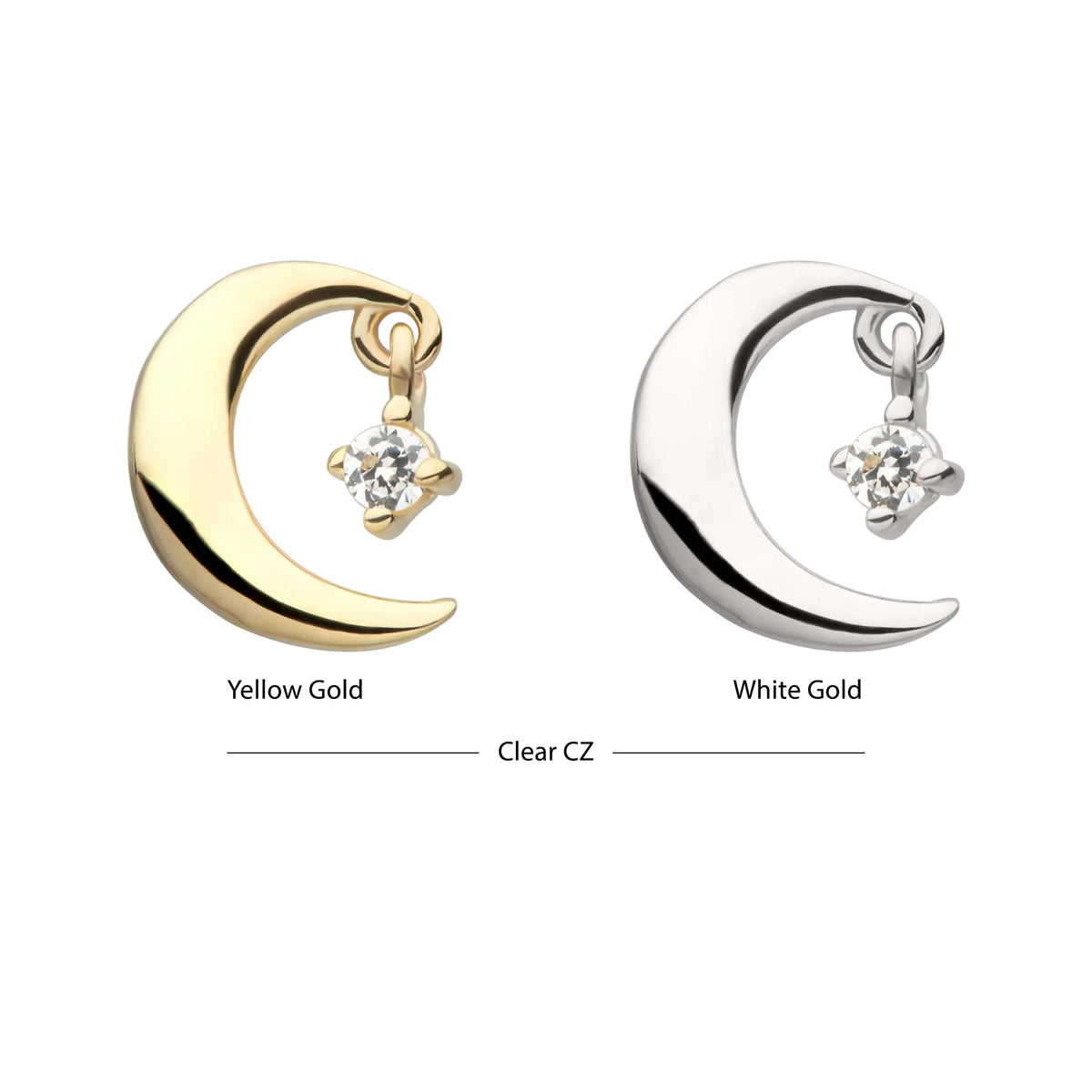 14Kt Gold Threadless Crescent Moon Top with Prong Set Gem Dangle