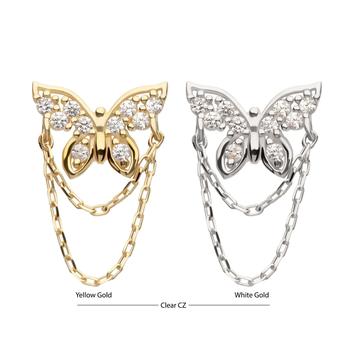 14Kt Gold Threadless Pave Gem Butterfly Top with 2-Tier Chain Dangle