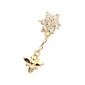 14Kt Yellow Gold Threadless Prong Set Round CZ Flower Top with Dangle Bee