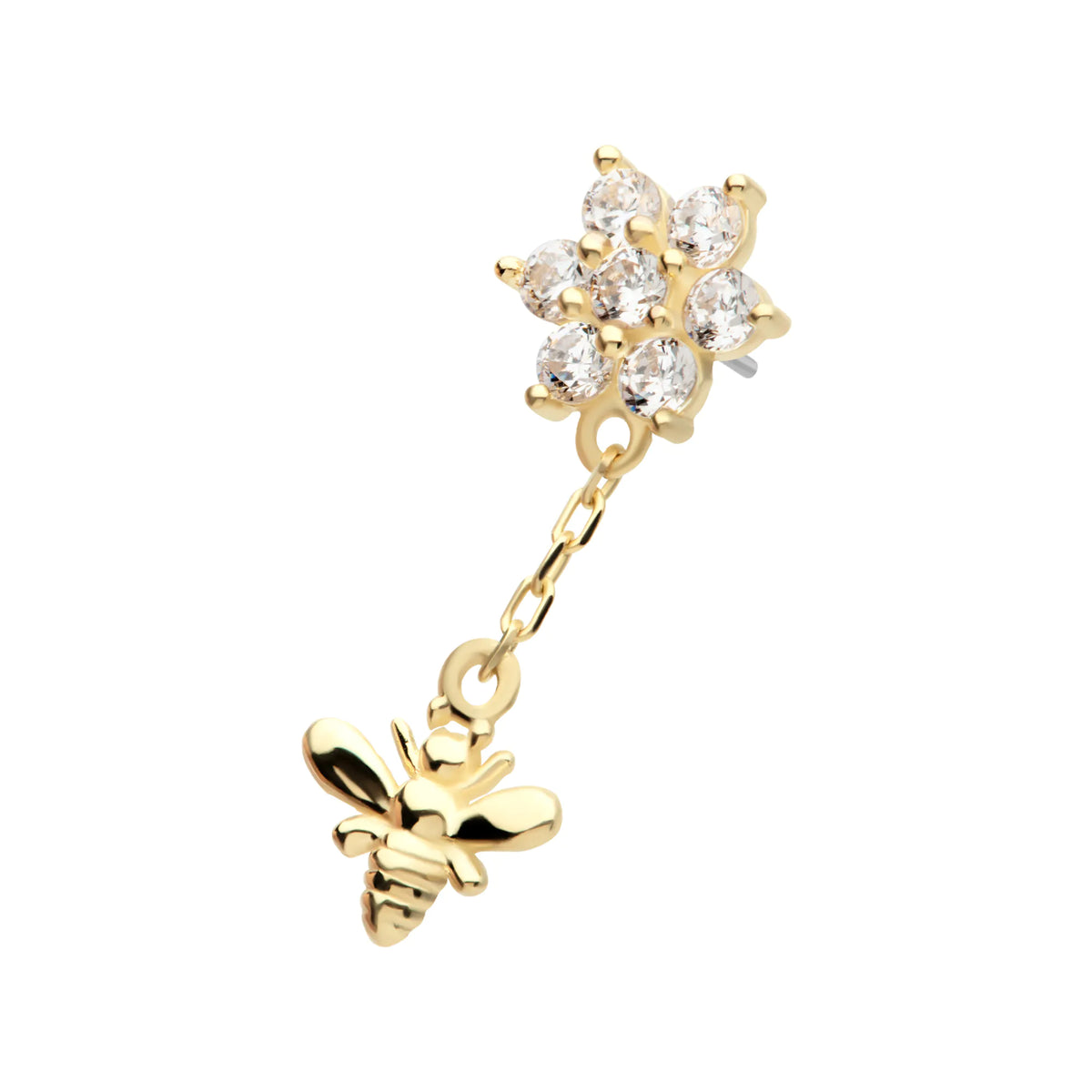 14Kt Yellow Gold Threadless Prong Set Round CZ Flower Top with Dangle Bee