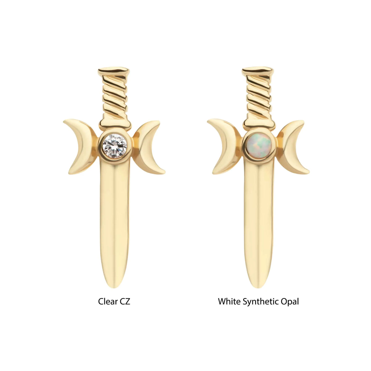 14Kt Yellow Gold Threadless Triple Moon Phase with Bezel Set Round CZ/Opal Dagger Top