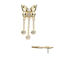 14Kt Yellow Gold Threadless Prong Set Gem Butterfly Top with Triple Dangle Bezel Gem
