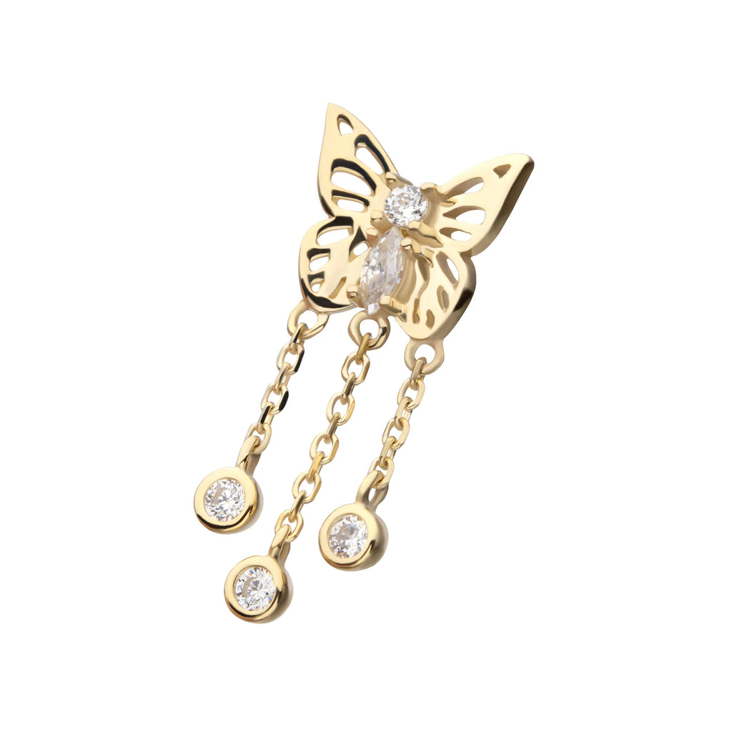 14Kt Yellow Gold Threadless Prong Set Gem Butterfly Top with Triple Dangle Bezel Gem