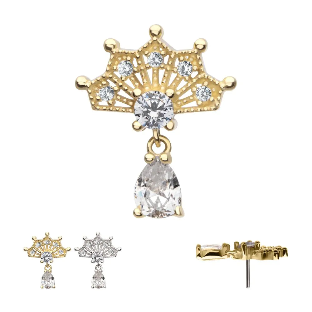 14Kt Gold Threadless Prong Set Gem Fan Top with Teardrop Gem Dangle