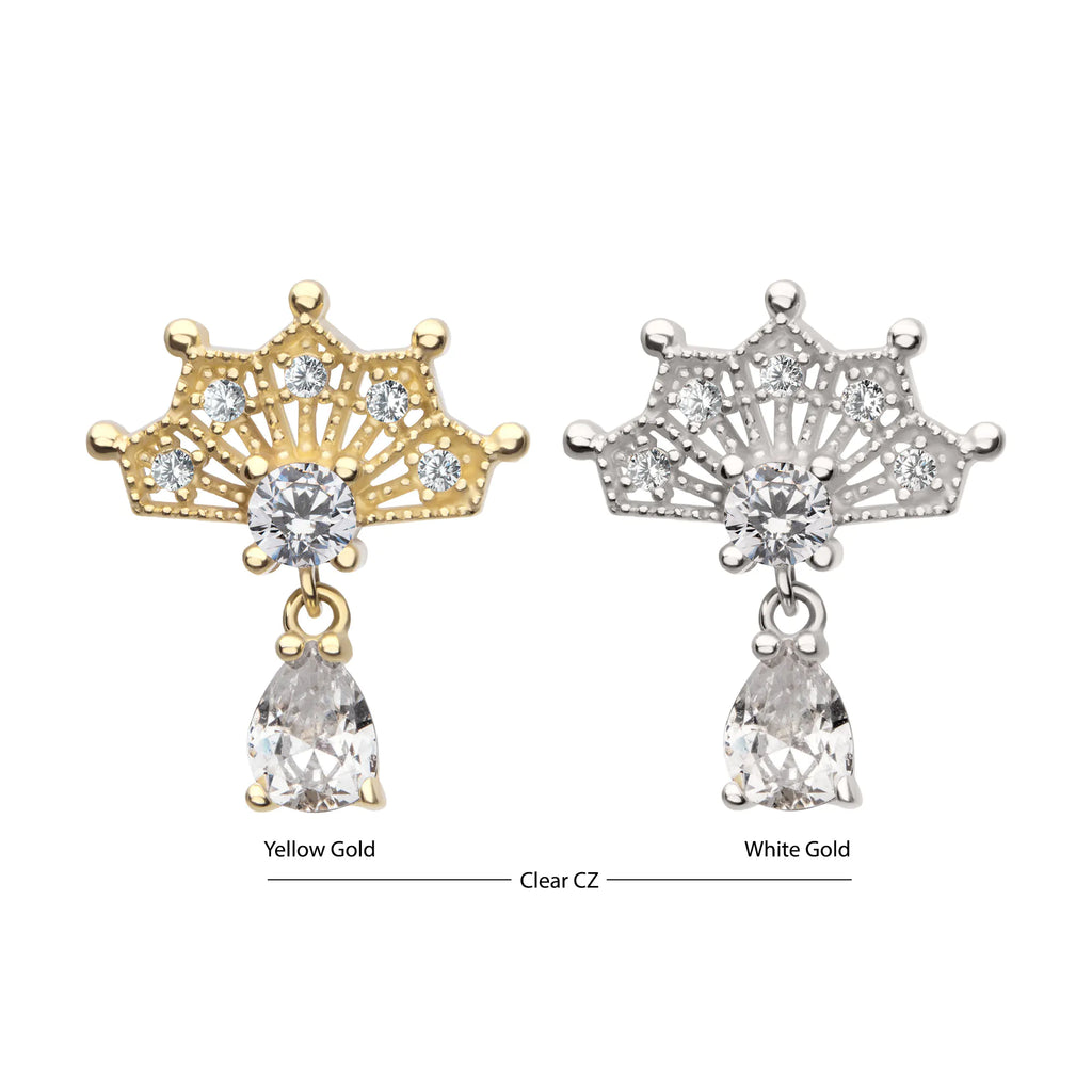 14Kt Gold Threadless Prong Set Gem Fan Top with Teardrop Gem Dangle