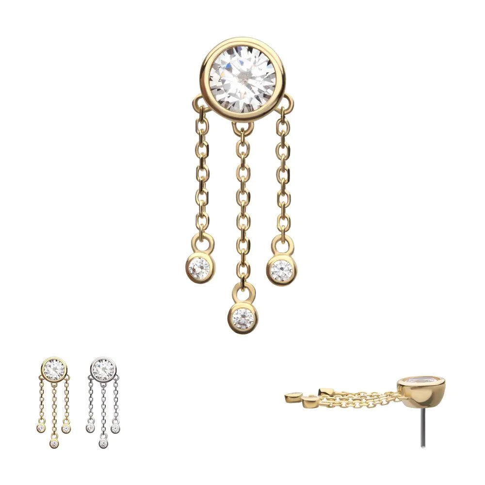 14Kt Gold Threadless Bezel Gem Top with Triple Bezel Gem Chain Dangle