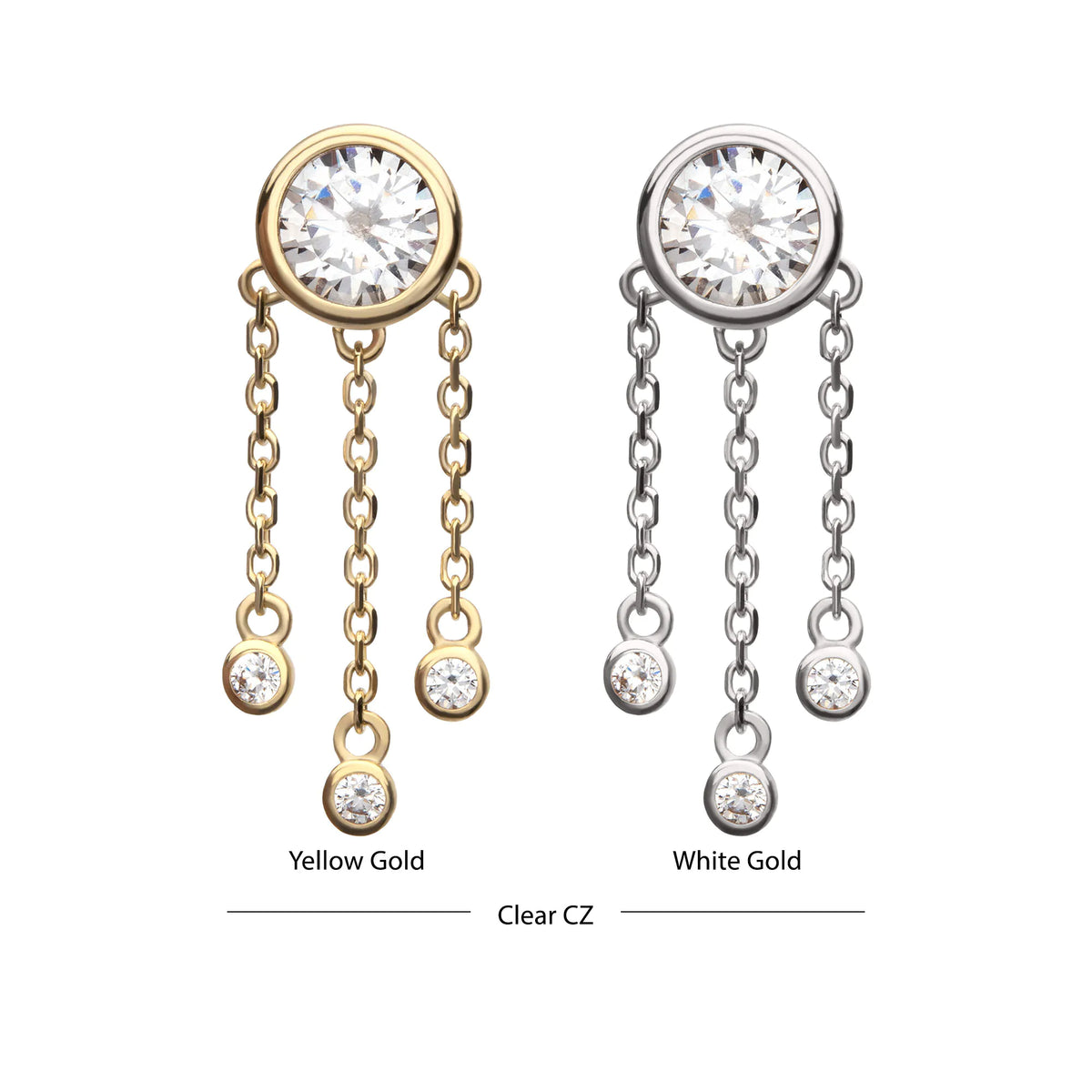 14Kt Gold Threadless Bezel Gem Top with Triple Bezel Gem Chain Dangle