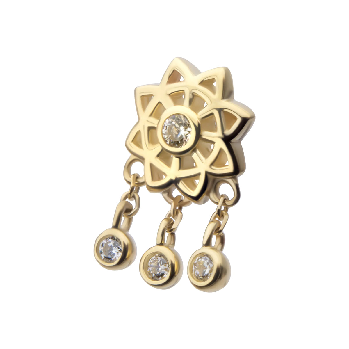 14Kt Yellow Gold Threadless Mandala Flower Top with Triple Bezel Set Gem Dangle