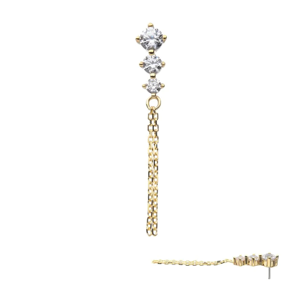 14Kt Yellow Gold Threadless 3-Graduated Round Gem with 2-Chain Dangle Top