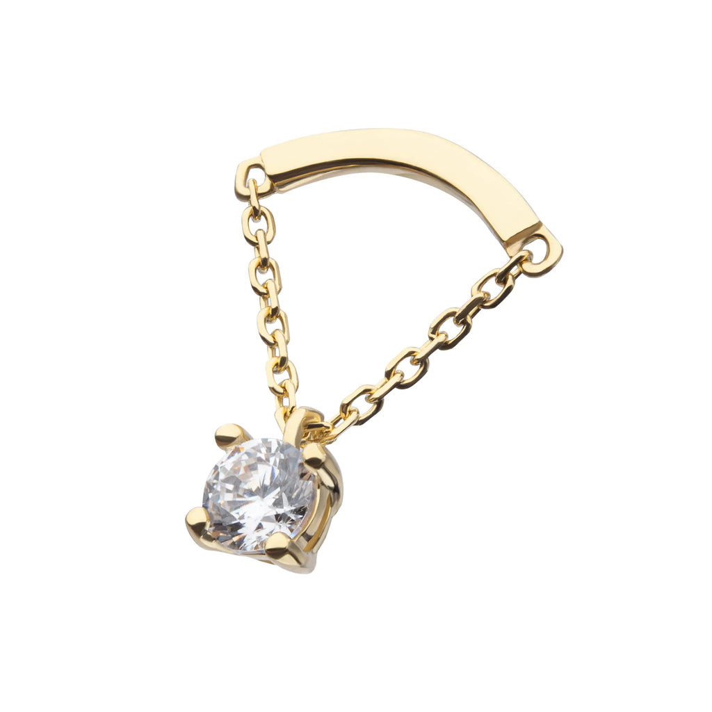 14Kt Yellow Gold Threadless Curved Bar Top with 4-Prong Gem Dangle