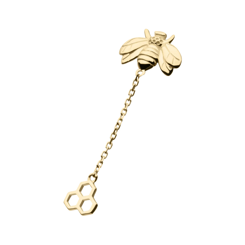 14kt Yellow Gold Threadless Honeycomb Top with Bee Chain Dangle