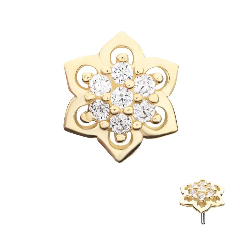 14Kt Yellow Gold Threadless Pave Set 7-Gem Mandala Flower Top