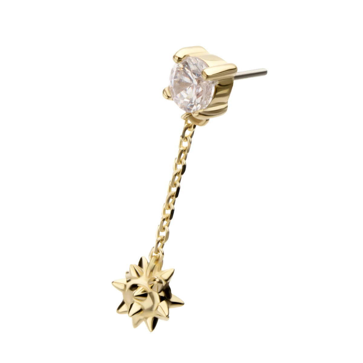 14Kt Gold Threadless Prong Set Gem Top with Mace Ball Dangle