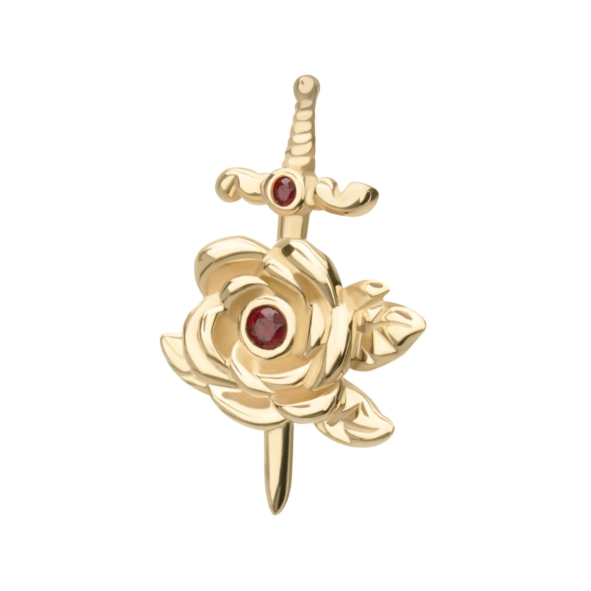 14Kt Yellow Gold Threadless Bezel Garnet Round Gem Rose and Dagger Top