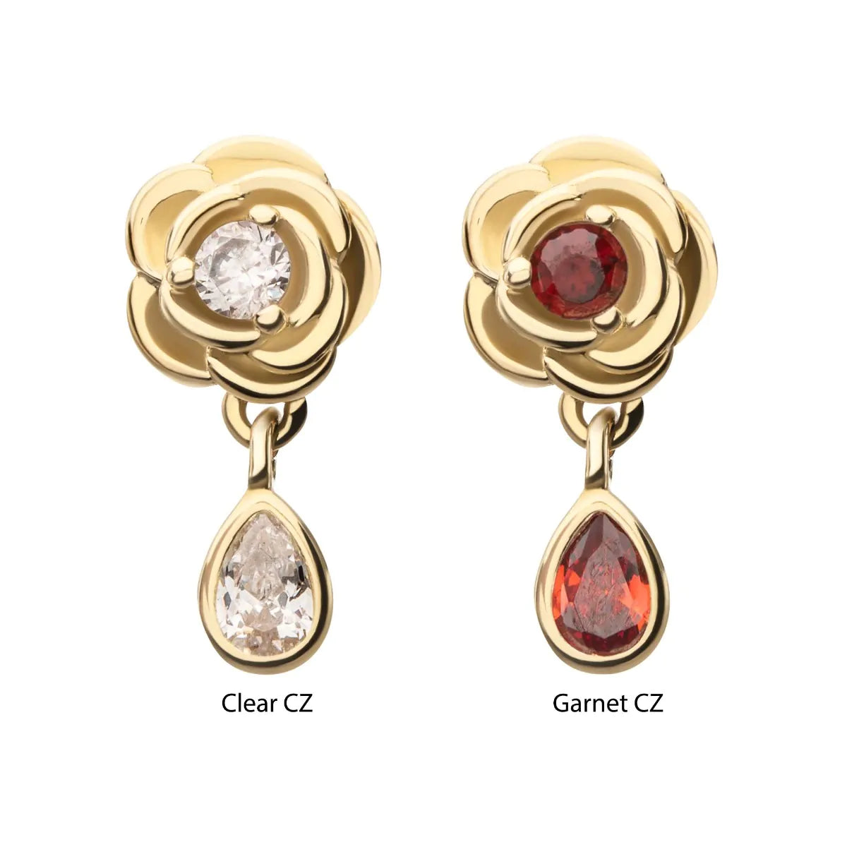 14Kt Yellow Gold Threadless Prong Set Round Gem Rose Flower Top with Teardrop Dangle