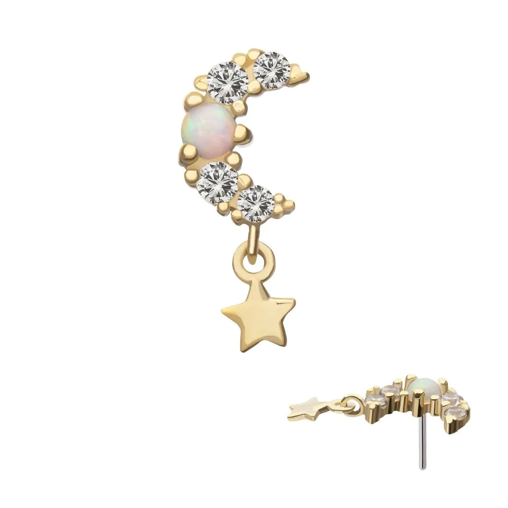 14Kt Yellow Gold Threadless Prong Set Round Opal & Gem Crescent Moon Top with Star Dangle