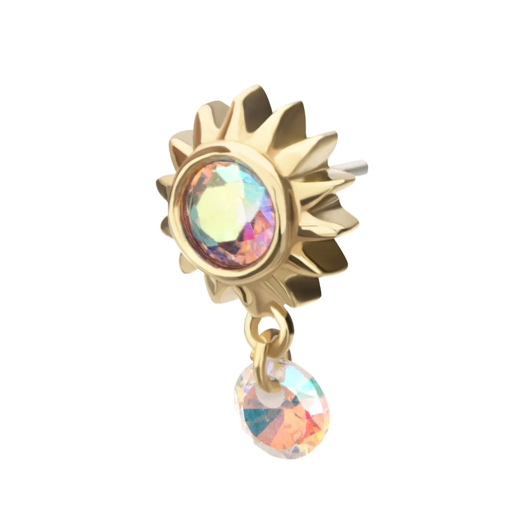 14Kt Yellow Gold Threadless Bezel Gem Sunburst Top with Invisible Set Round Dangle