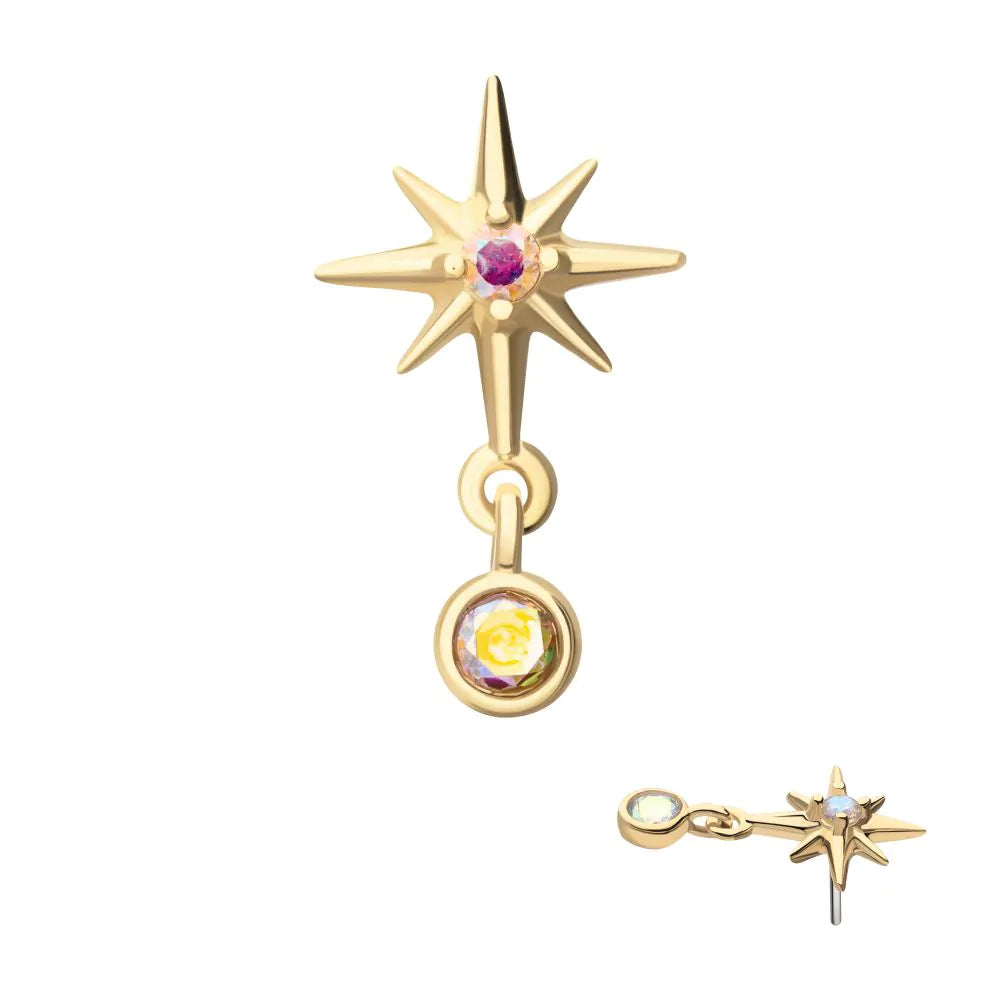 14Kt Yellow Gold Threadless Prong Set Gem North Star Top with Bezel Round Dangle