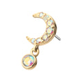 14Kt Yellow Gold Threadless Pave Set Gem Crescent Moon Top with Bezel Round Dangle