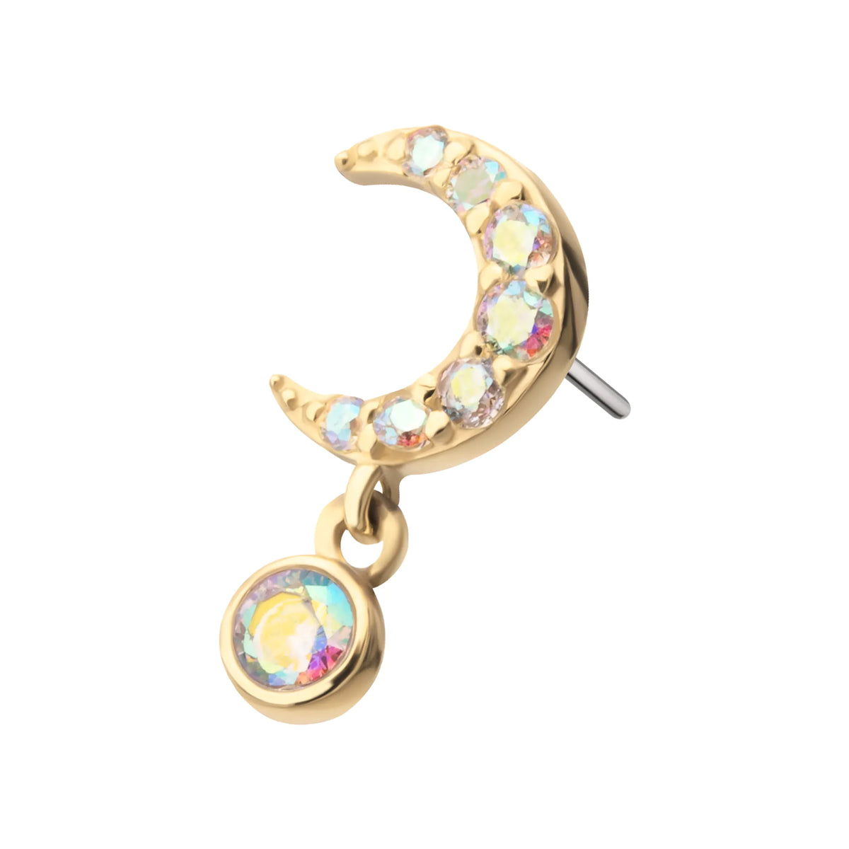 14Kt Yellow Gold Threadless Pave Set Gem Crescent Moon Top with Bezel Round Dangle