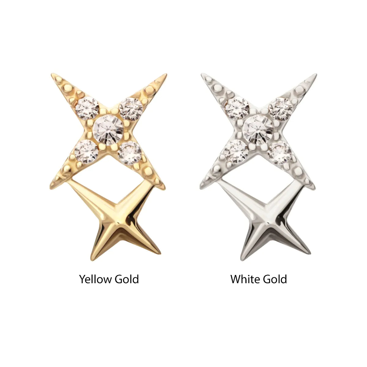 14Kt Gold Threadless Pave Set Round Gem Double Celestial Star Top