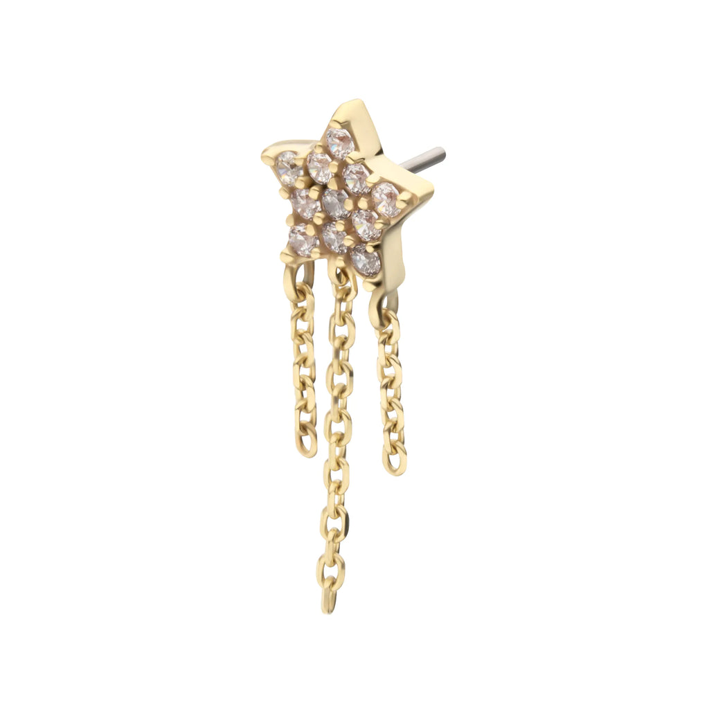 14Kt Yellow Gold Threadless Pave Gem Star Top with Triple Chain Dangle