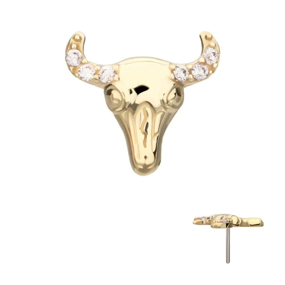 14Kt Yellow Gold Threadless 2D Steer Head Top with Prong Set Gem