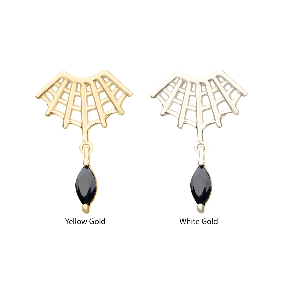 14Kt Gold Threadless Fan Shape Spiderweb Top with Black Marquise Gem Dangle