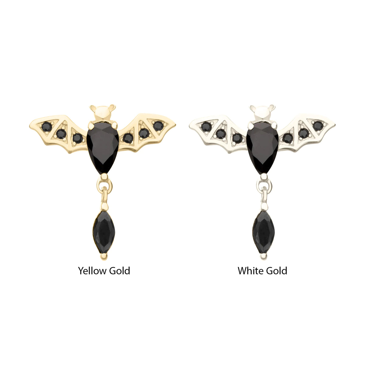 14Kt Gold Threadless Prong Set Gem Flying Bat Top with Black Marquise Dangle