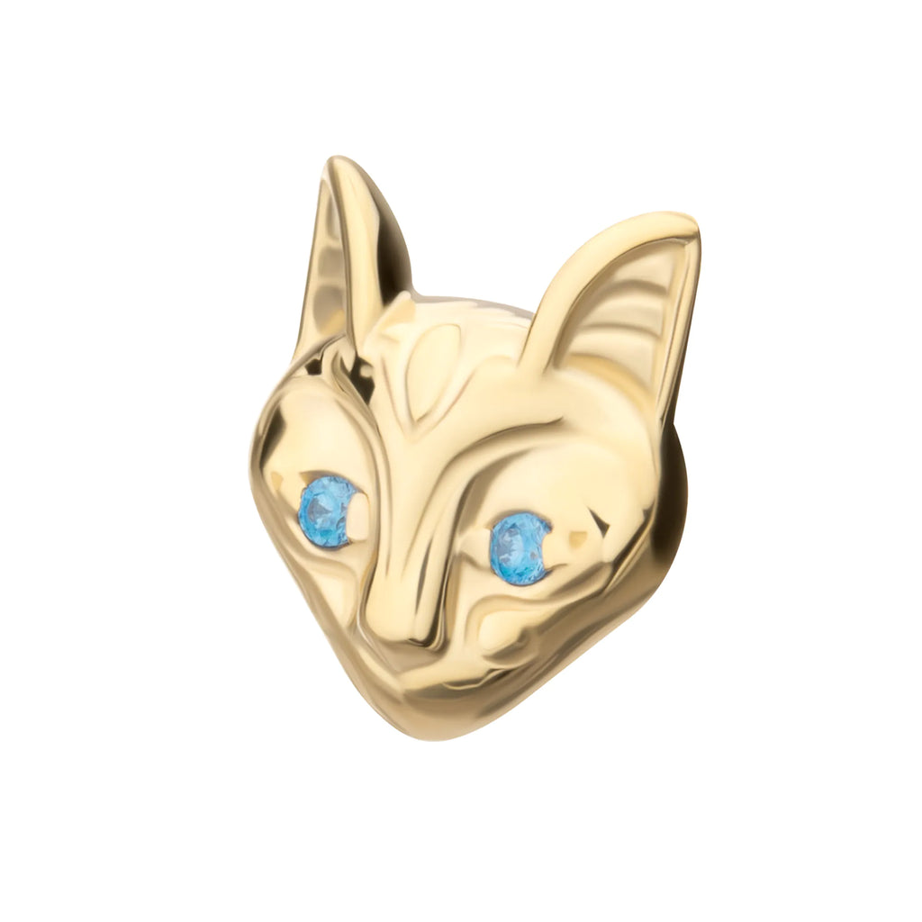14Kt Yellow Gold Threadless Etched Sphynx Cat Head Top with Aqua Gem Eyes