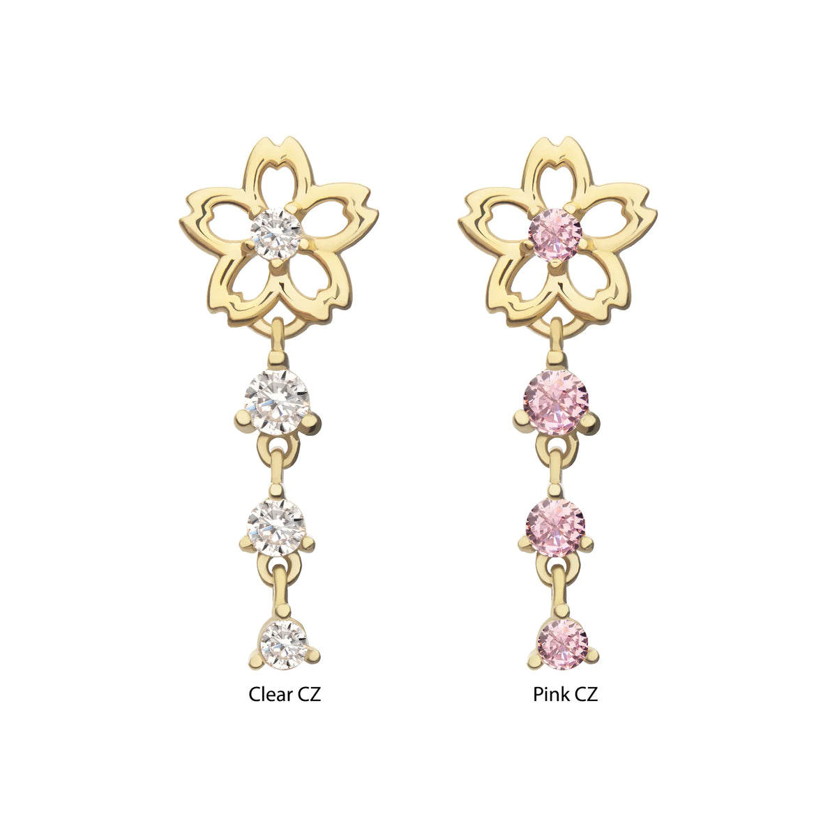 14Kt Yellow Gold Threadless Cut Out Cherry Blossom Flower Top with Triple Prong Set Gem Dangle