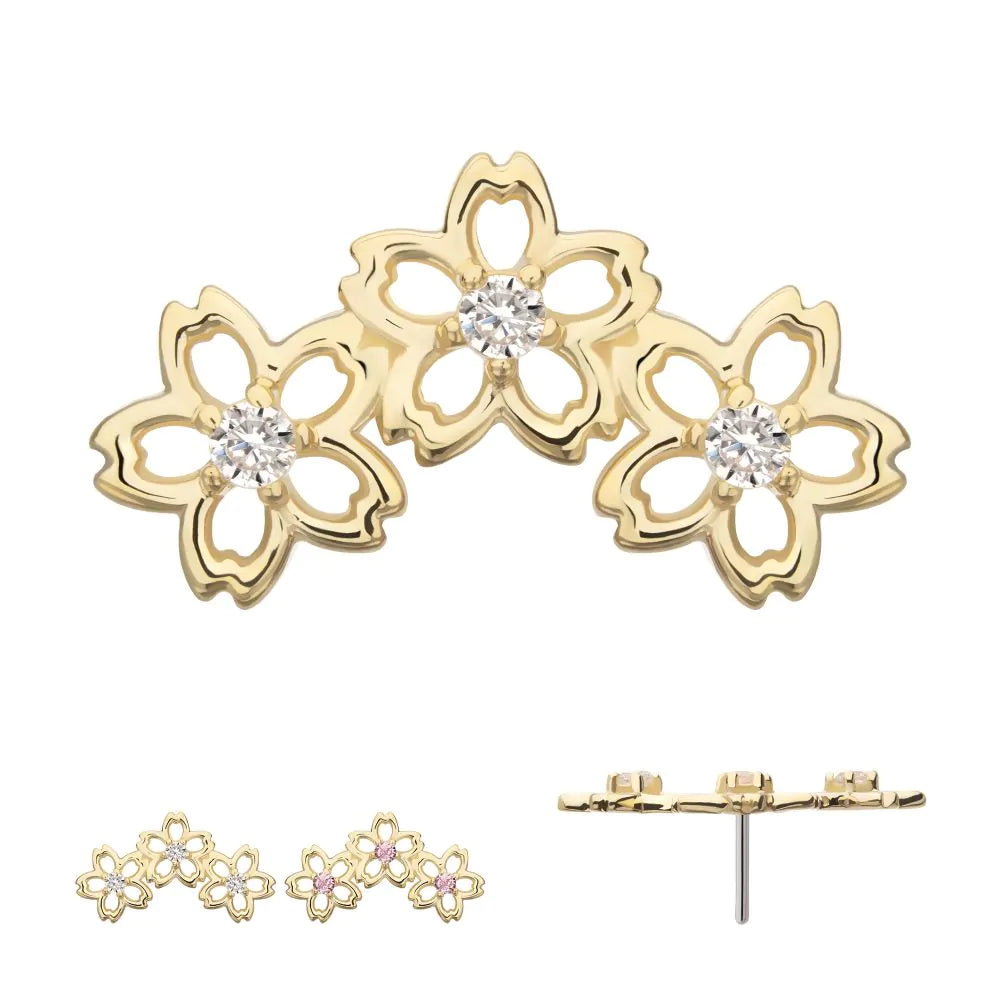 14Kt Yellow Gold Threadless Triple Cut Out Cherry Blossom Flower Top with Prong Set Gem