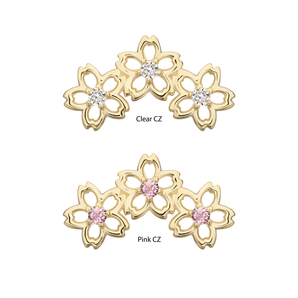 14Kt Yellow Gold Threadless Triple Cut Out Cherry Blossom Flower Top with Prong Set Gem