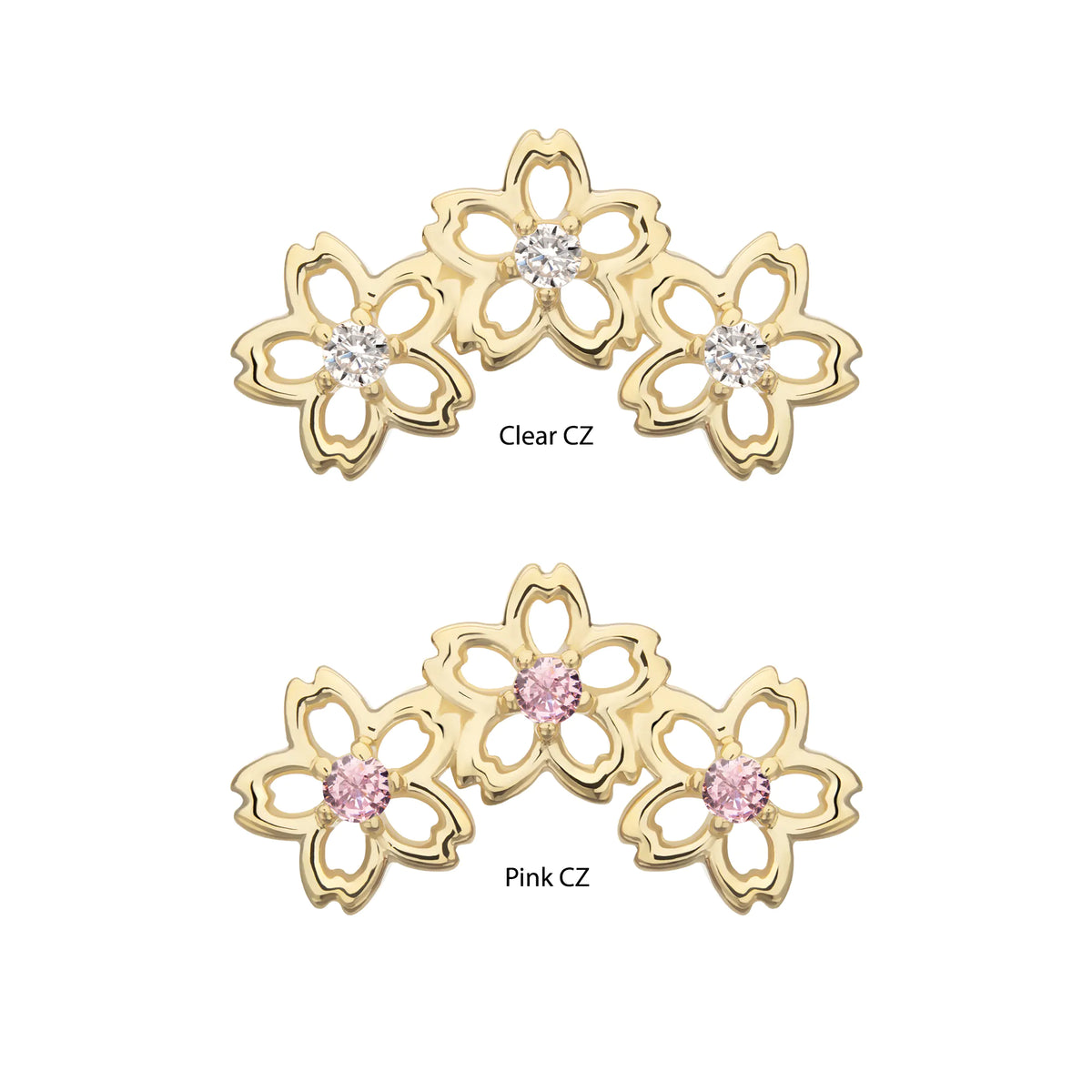 14Kt Yellow Gold Threadless Triple Cut Out Cherry Blossom Flower Top with Prong Set Gem