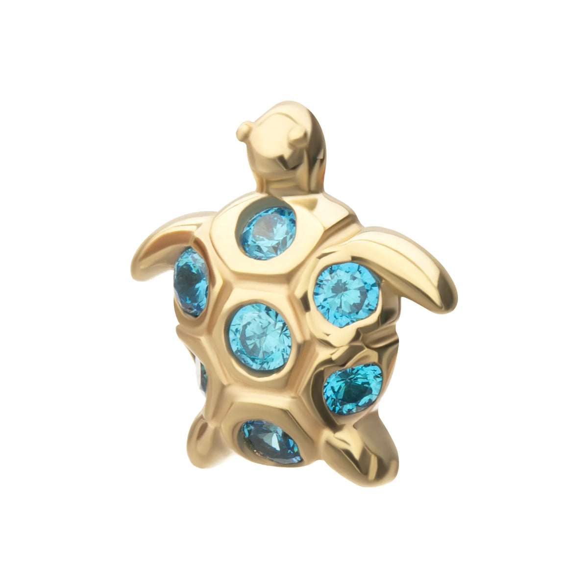 14kt Yellow Gold Threadless 2D Sea Turtle Top with Bezel Aqua Gem