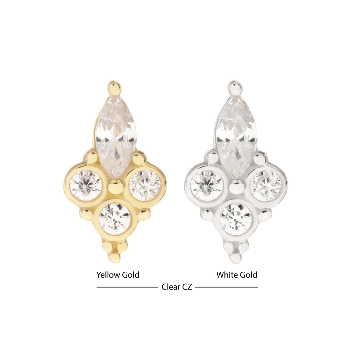 14Kt Gold Threadless Prong Set Marquise & Triple Round Gem Top