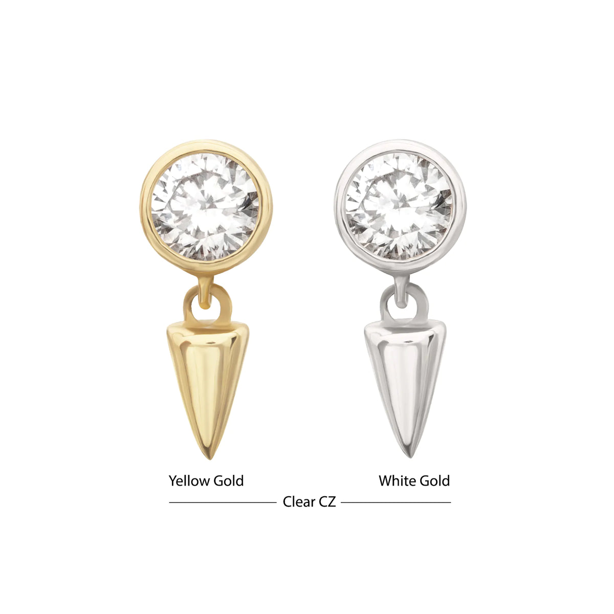 14Kt Gold Threadless Bezel Round Gem Top with Spike Dangle
