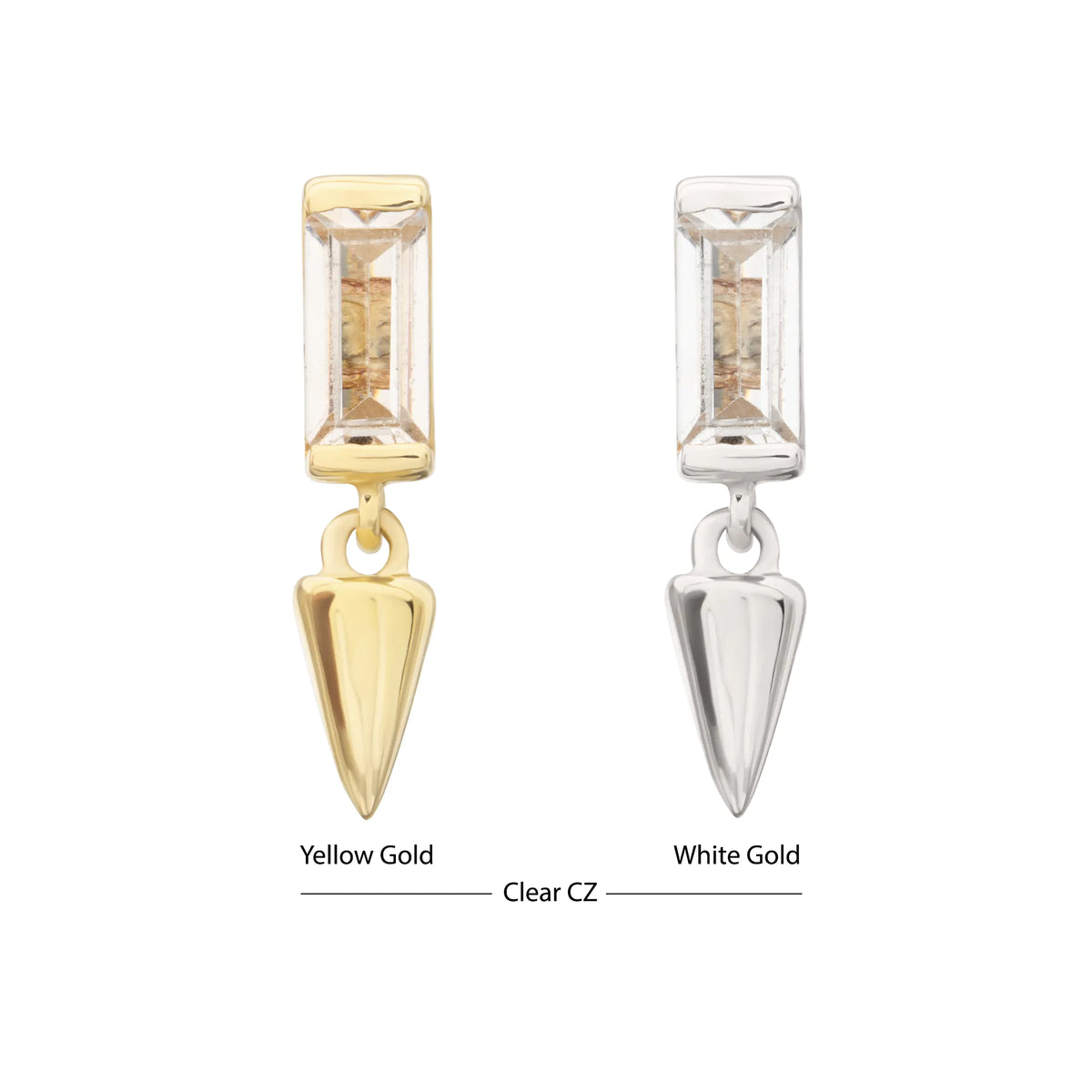 14Kt Gold Threadless Bezel Baguette Gem Top with Spike Dangle