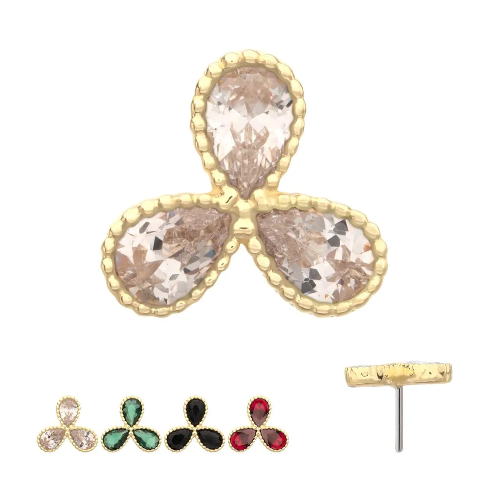 14Kt Yellow Gold Threadless Milgrain Edge Teardrop CZ Gem 3-Petal Flower Top