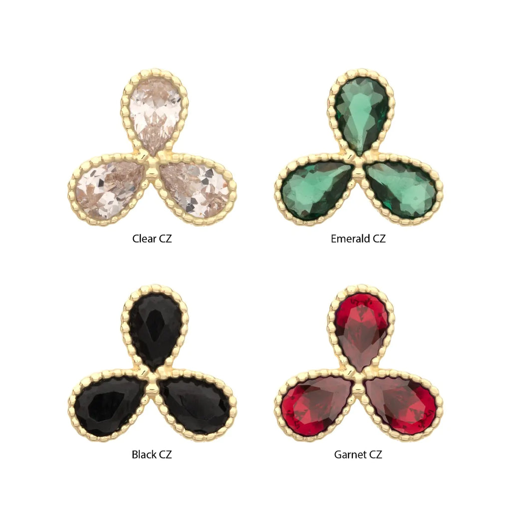 14Kt Yellow Gold Threadless Milgrain Edge Teardrop CZ Gem 3-Petal Flower Top