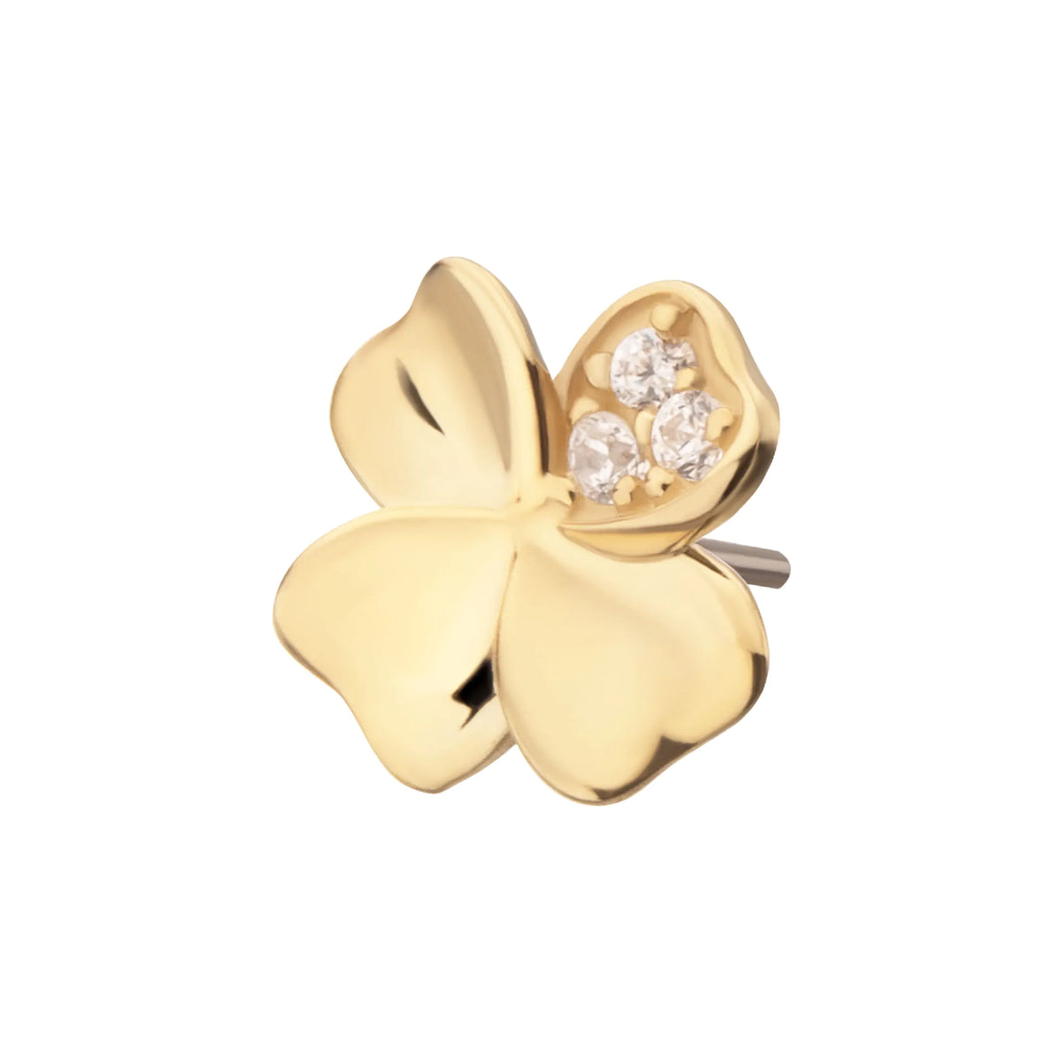 14Kt Yellow Gold Threadless 3D Clover Top with Triple CZ Gem