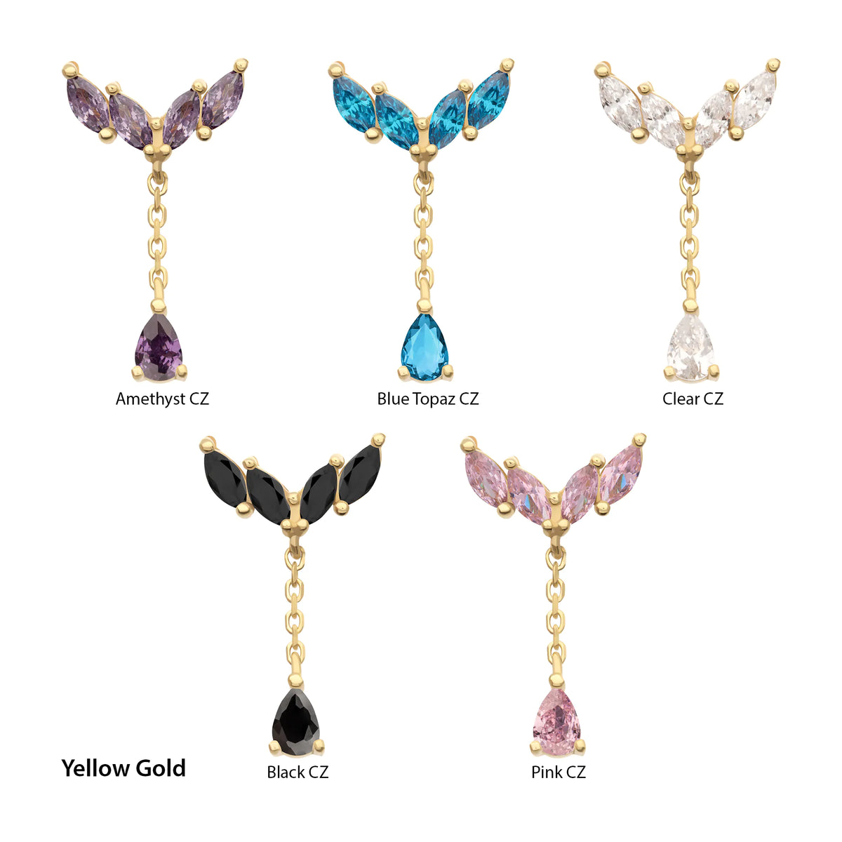 14Kt Gold Threadless Quadruple Marquise Cluster Top with Teardrop CZ Gem Dangle