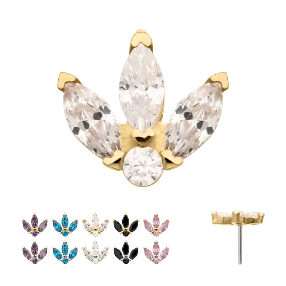 14Kt Gold Threadless Marquise Fan with Central Round CZ Gem Top