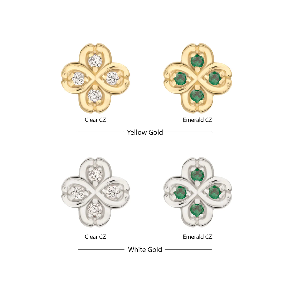 14Kt Gold Threadless 4 Leaf Clover with Prong Gem Accents Top