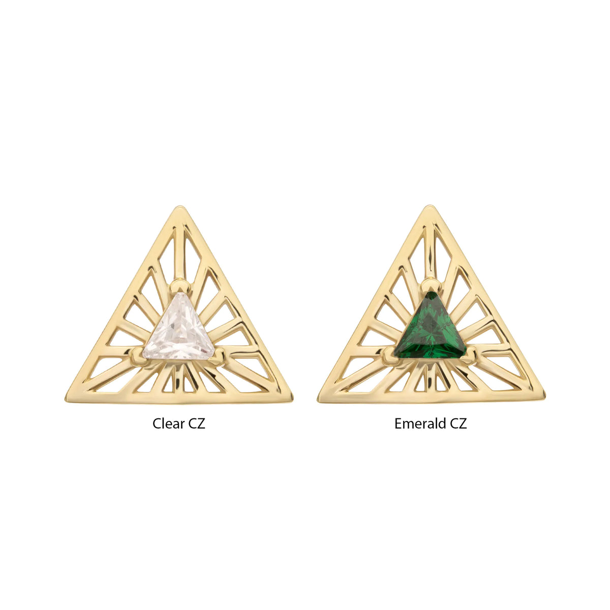 14Kt Yellow Gold Threadless Prong Set Triangle CZ Gem on a Radiant Triangle Shape Top