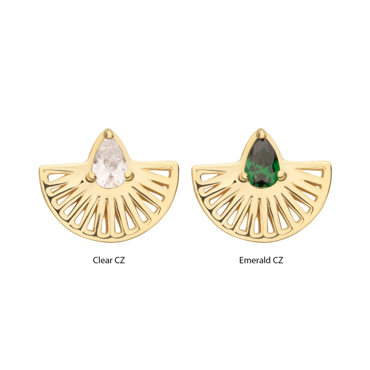 14Kt Yellow Gold Threadless Prong Set Teardrop CZ Gem on a Radiant Fan Shape Top