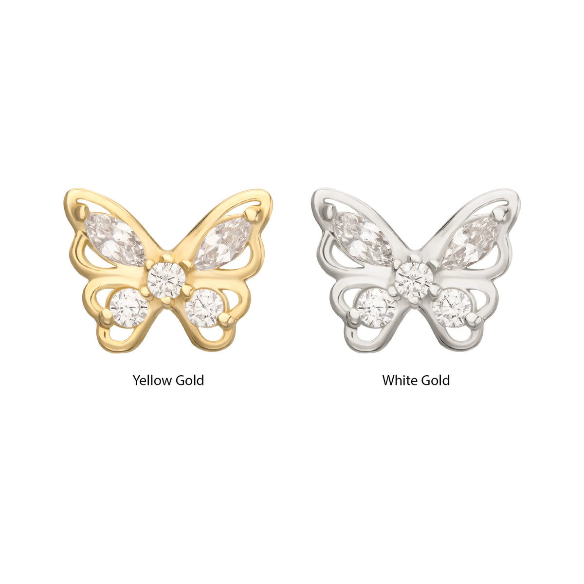 14Kt Gold Threadless 3D Butterfly Round & Marquise Gem Top