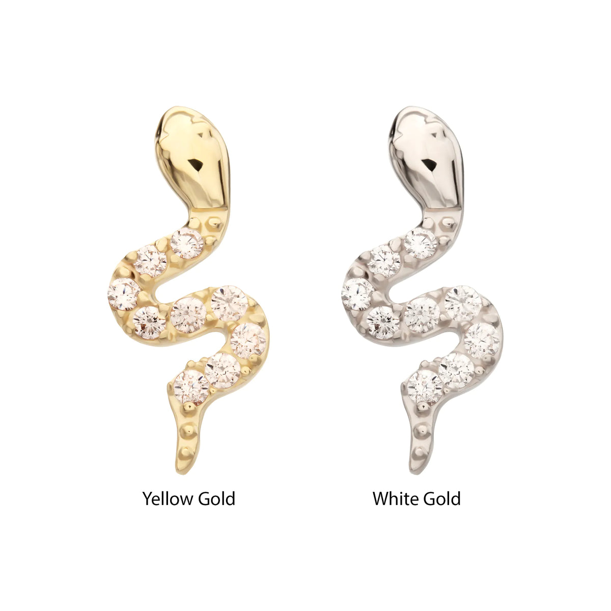 14Kt Gold Threadless Sculptural S-shaped Snake Top with 9 Pave Set Gem