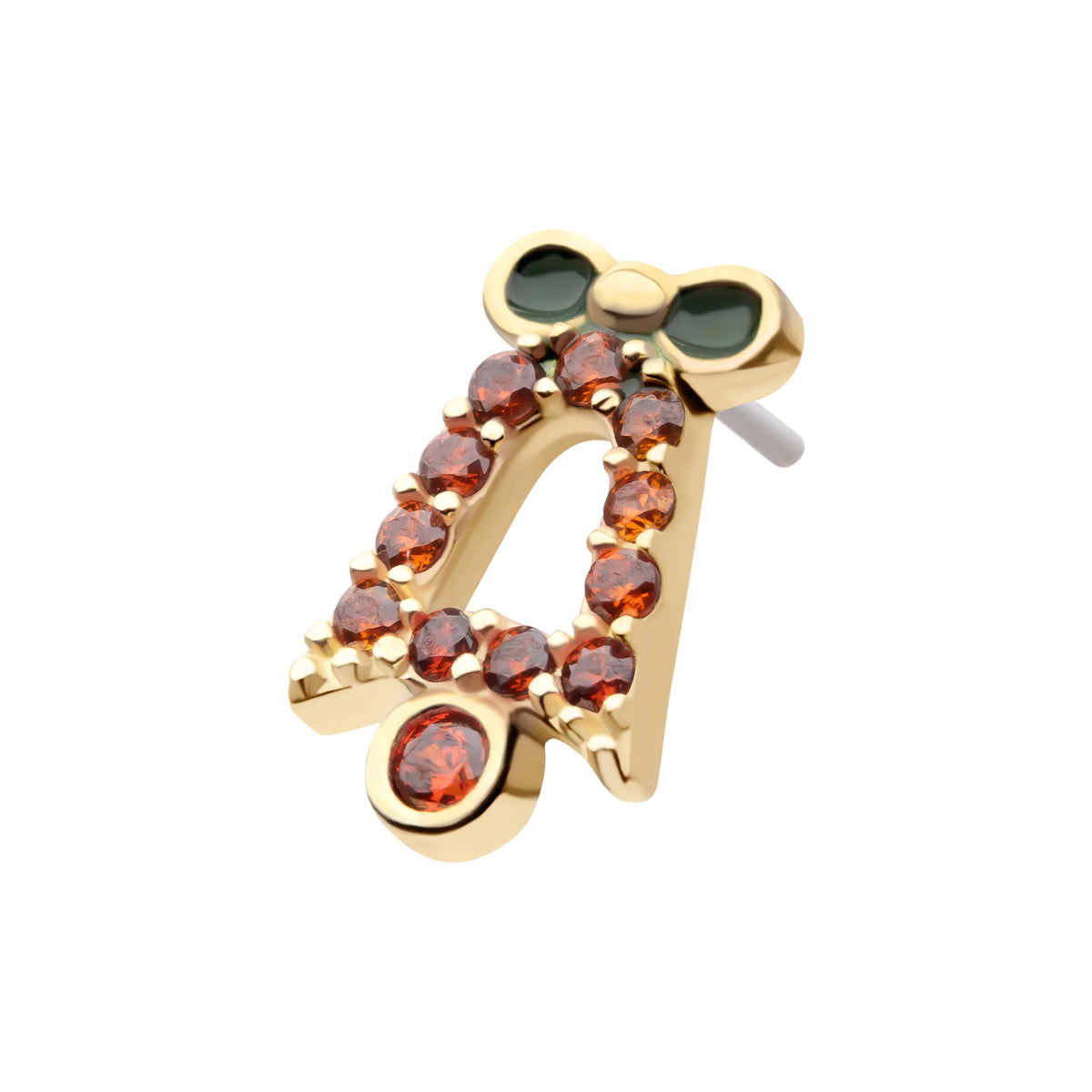14Kt Yellow Gold Threadless Garnet Gem with Green Enamel Christmas Bell Top