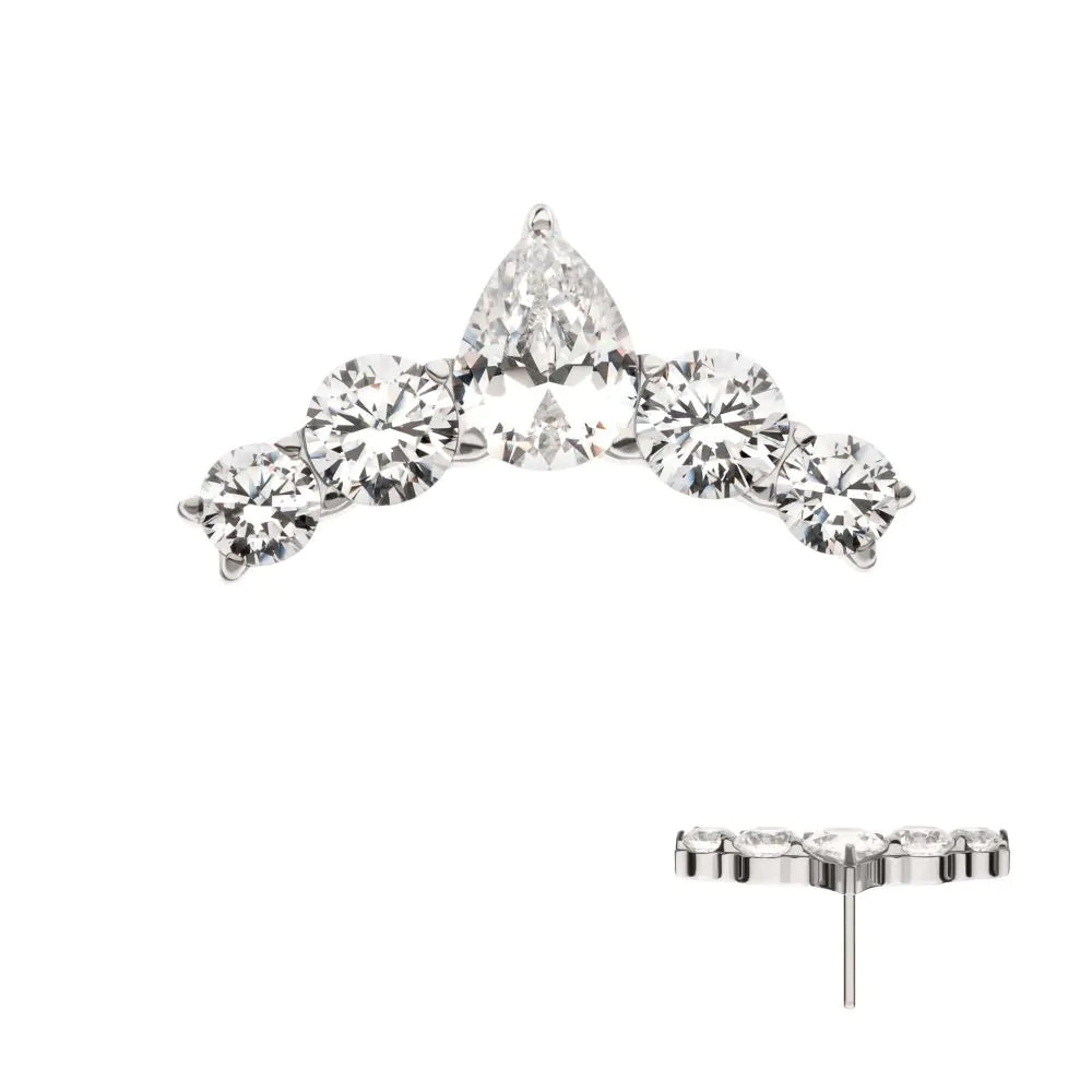 14Kt White Gold Threadless Curved Bar Top with Round & Teadrop Gem Cluster